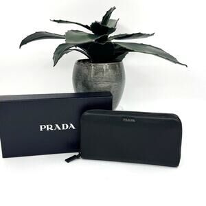 Prada Black Leather Continental Wallet with Box SHW